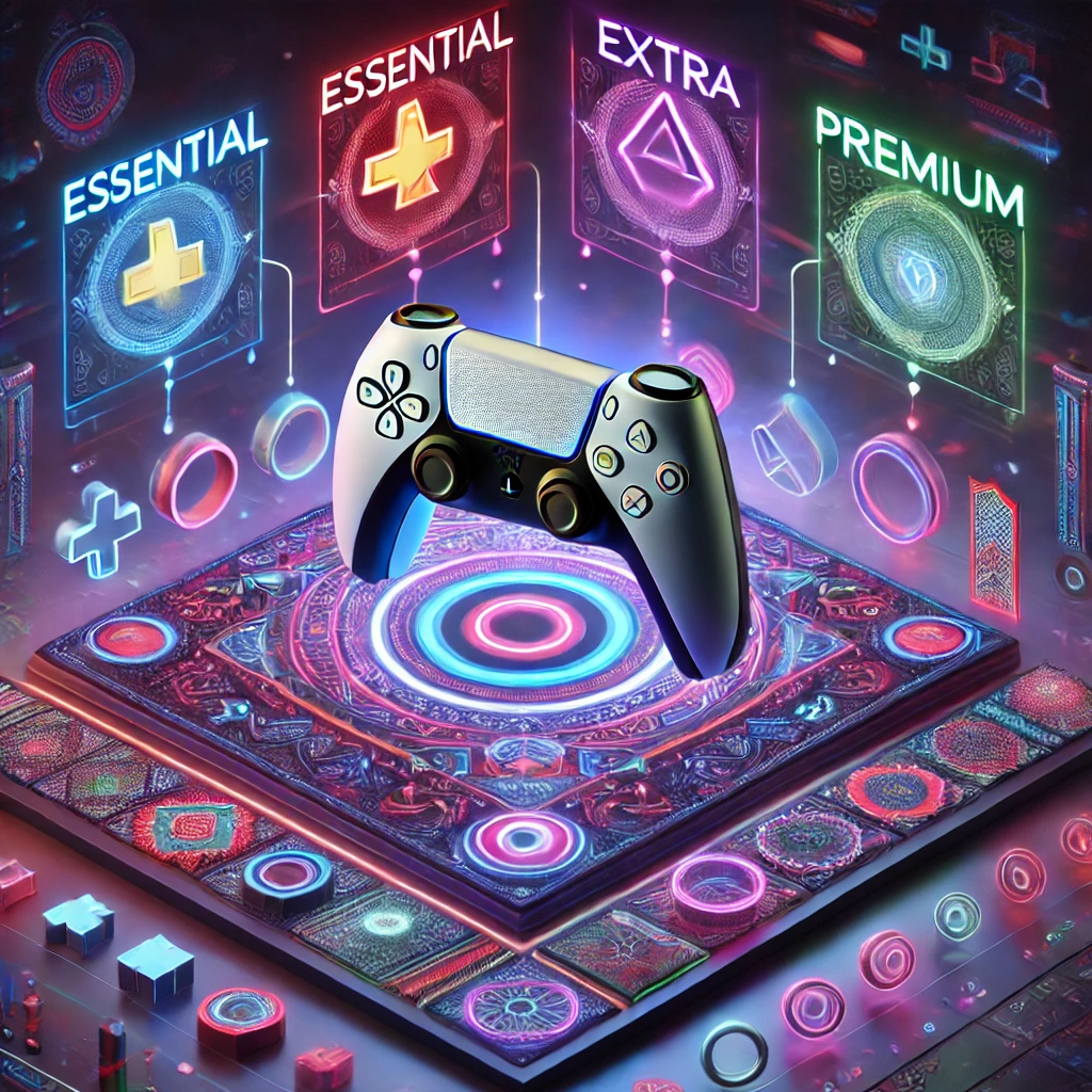 Image illustrant le comparatif des abonnements PlayStation Plus 2025 au Maroc, avec un contrôleur PlayStation central et les options Essentiel, Extra et Premium mises en avant, entouré de motifs culturels marocains et de lumières futuristes.