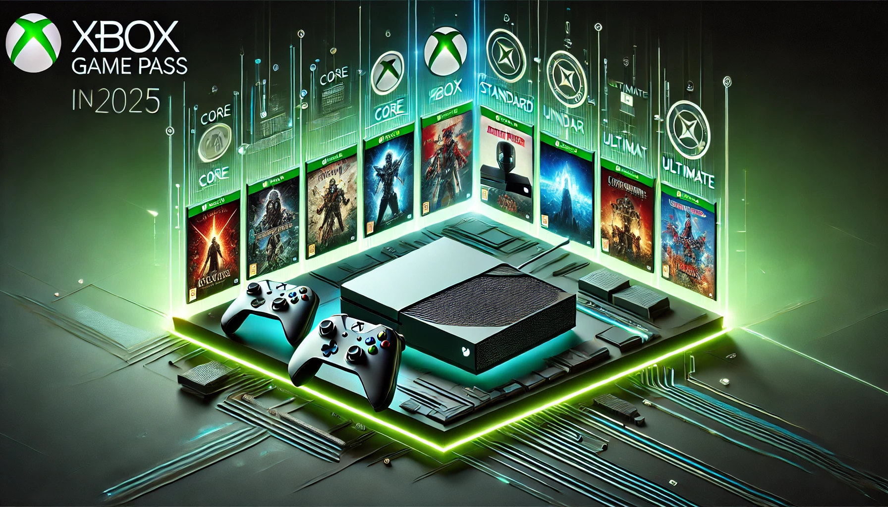 "Image du comparatif Xbox Game Pass 2025 au Maroc : Core, Standard et Ultimate, avec une console Xbox et une interface futuriste.